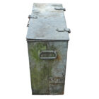 End view of a weathered and reclaimed galvanised feed store with an aged patina of discoloration, algae and general oxidisation.