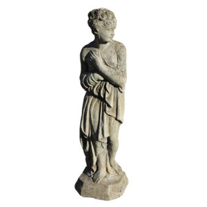 A small reclaimed statue of Pandora showing a fine weathered patina of discolouration and lichen growth
