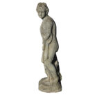 Alternative view of a small reclaimed statue of Pandora showing a fine weathered patina of discolouration and lichen growth